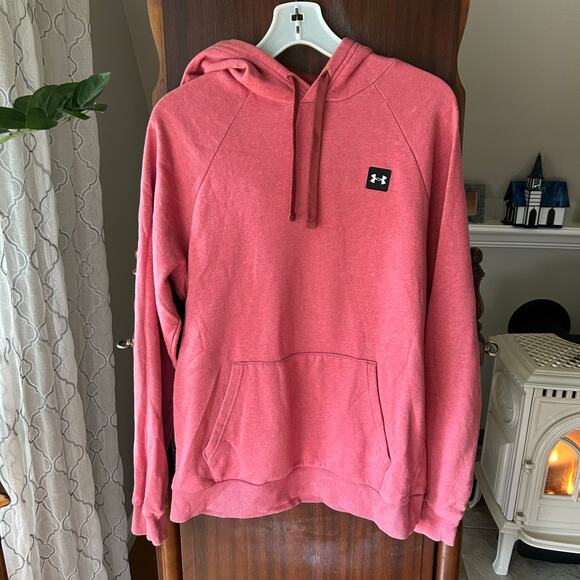 Under Armour Hoodie Womens Medium Red Heather Loose Coldgear Fleece Patch Logo - Picture 1 of 9